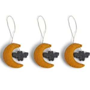 Felt Moon w Bat Ornament, set of 3